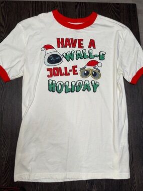 Disney White Holiday Ringer Tee with Red Trim and Green Print